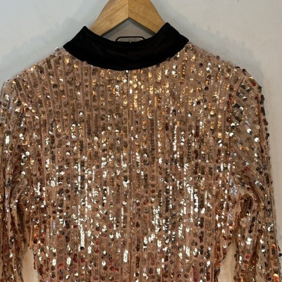 Rose gold sequins mini dress with black velvet buckle collar size medium - Picture 6 of 11